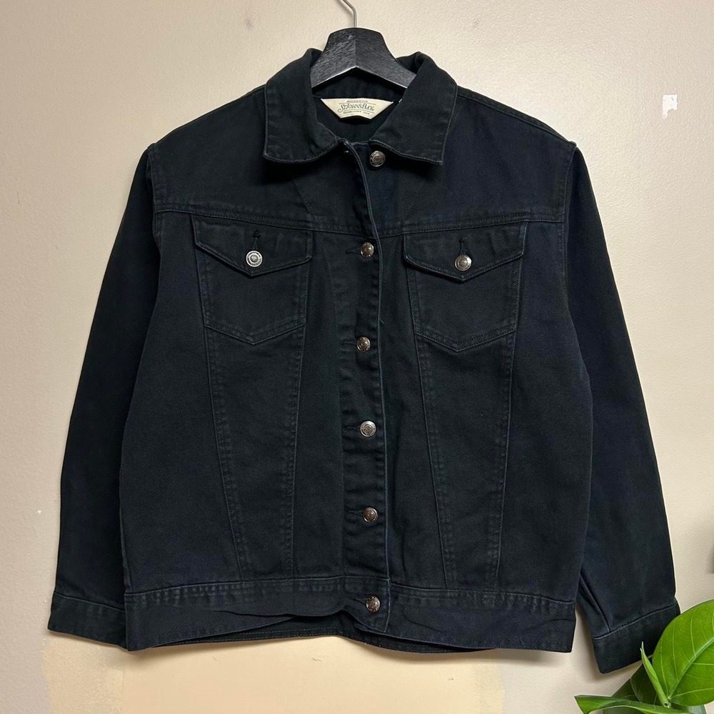 Vintage St Johns Bay Black Denim Trucker Jean Jacket Womens Medium 90s Cropped